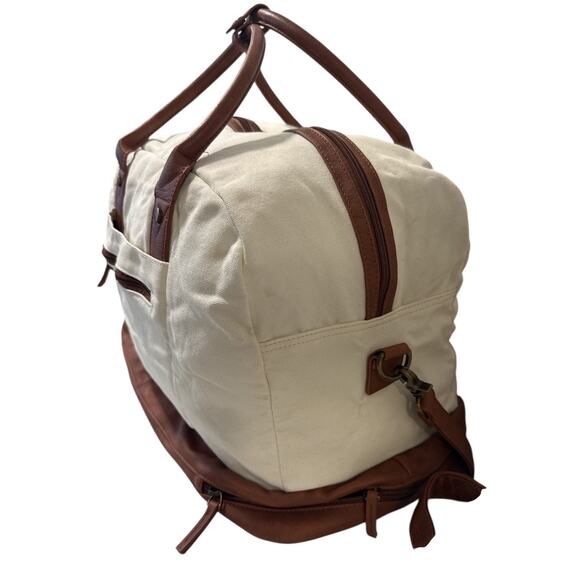 Canvas Weekender Duffle Bag Cream Brown Shoe Compartment Travel - Picture 2 of 13